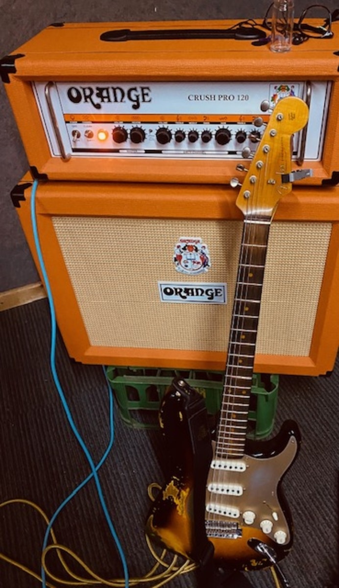 Orange Music Gear Setup by david_j_reed featuring Fender American Vintage '59 Stratocaster Electric Guitar, Orange Amplifiers 120W 2x12 Open Back Guitar Speaker Cabinet, and Orange Crush Pro 120H