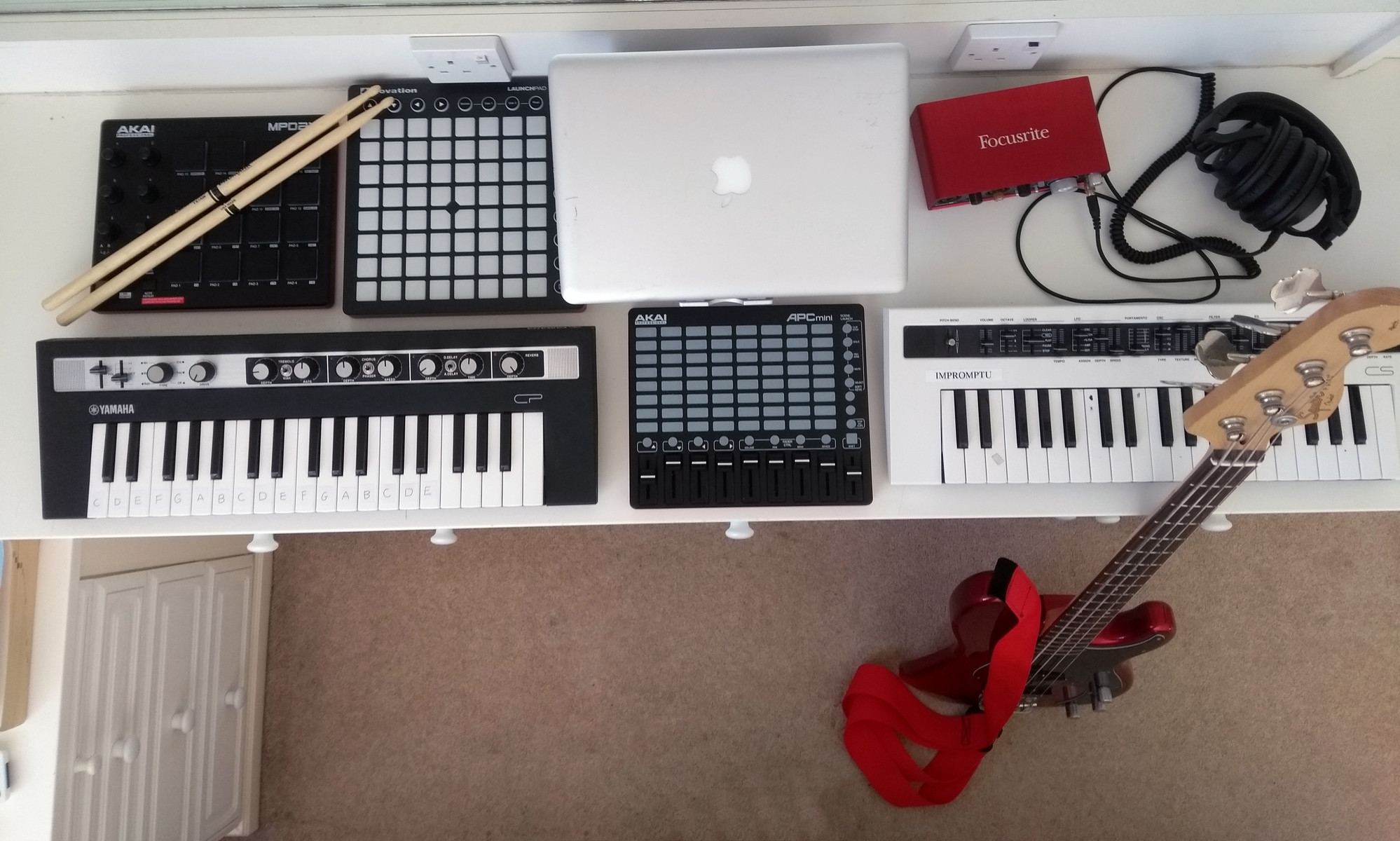 Electronic Synth Setup by finleygomez featuring Apple MacBook Pro (General), Focusrite Scarlett 2i2, and Audio-Technica ATH-M50x Professional Monitor Headphones and 7 more pieces of gear
