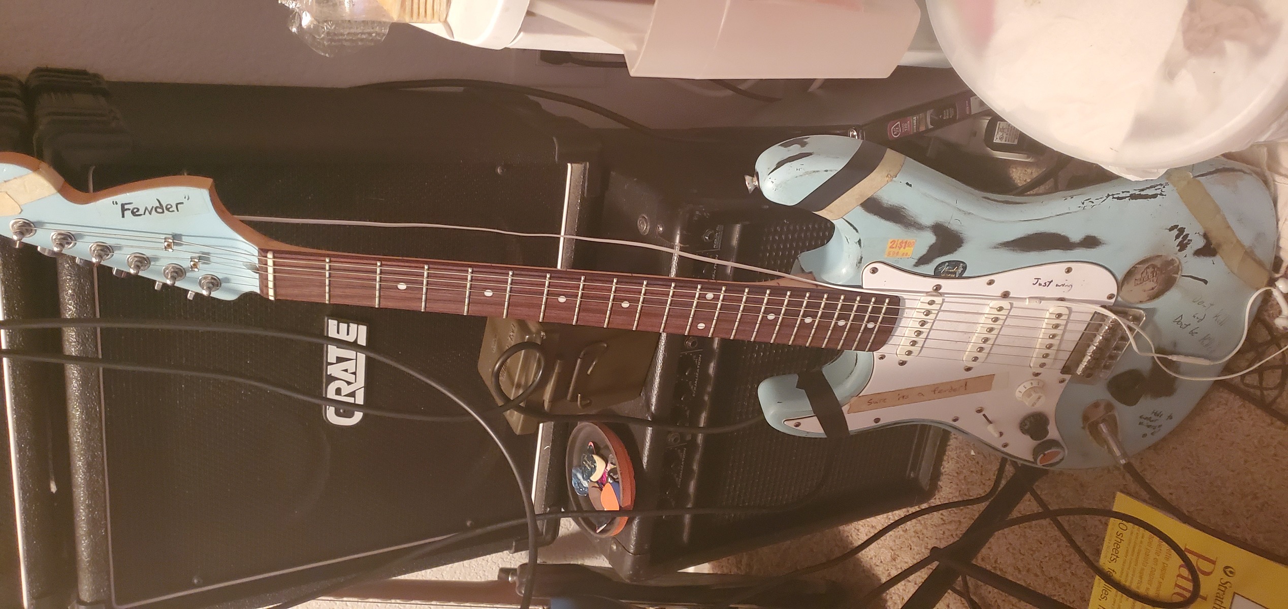 Music Gear Setup by bryce_schramm featuring Partscaster and Squier Left-Handed Stratocaster Standard