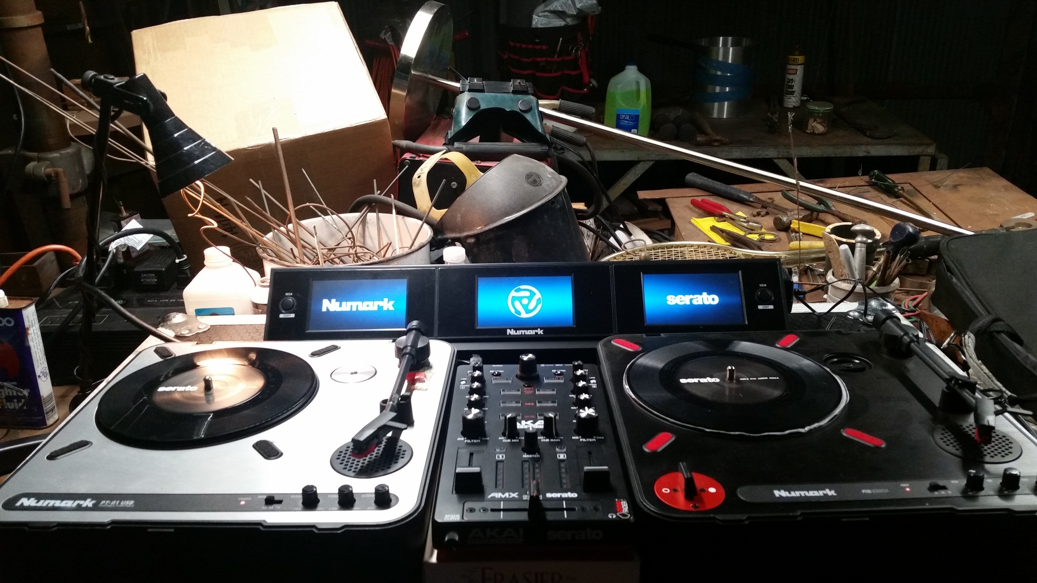 Hip Hop Music Gear Setup by djbackbone featuring Numark PT-01 Portable Record Player, Akai Professional AMX Mixing Surface with Audio Interface for Serato DJ, and Numark pt-01 scratch and 1 more piece of gear