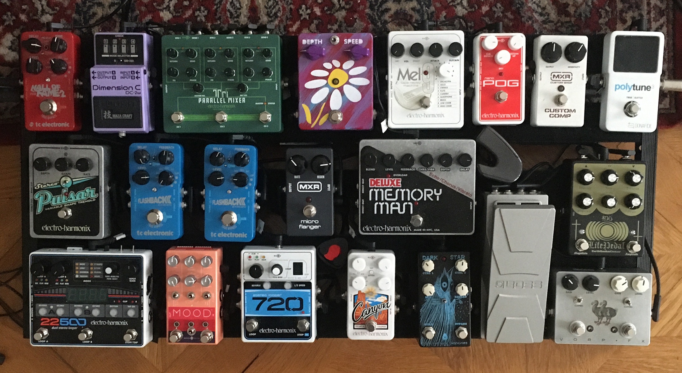 Pedalboard by h_pr featuring Electro-Harmonix XO Deluxe Memory Man, Electro-Harmonix XO Stereo Pulsar, and Dunlop Jazz III Standard Nylon 1.38mm Guitar Picks - Red and 19 more pieces of gear