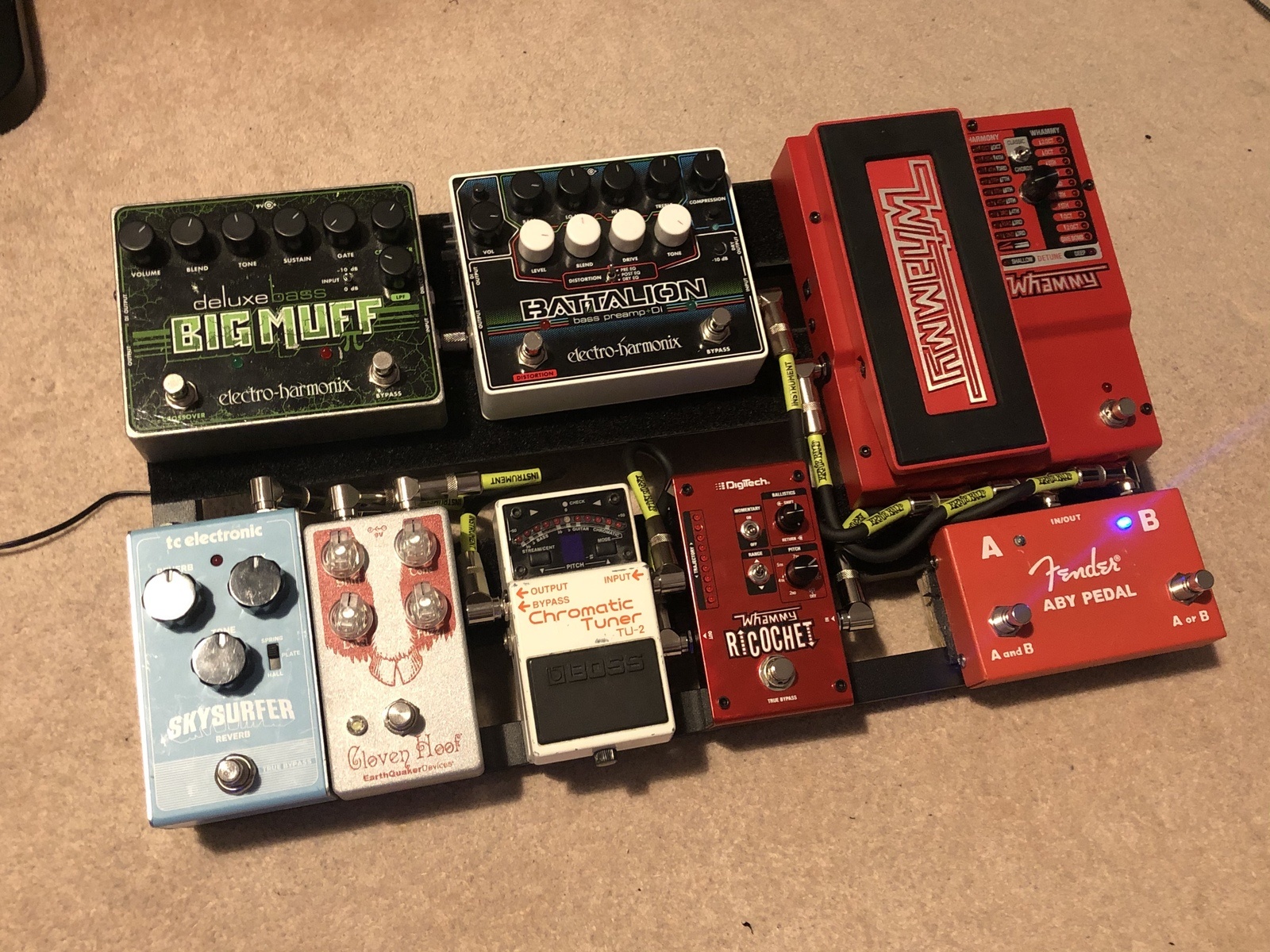 Music Gear Setup by nateuv featuring DigiTech Whammy Pitch-Shifting Pedal, Boss TU-2 Chromatic Tuner, and Electro-Harmonix Deluxe Bass Big Muff Pi Fuzz and 6 more pieces of gear