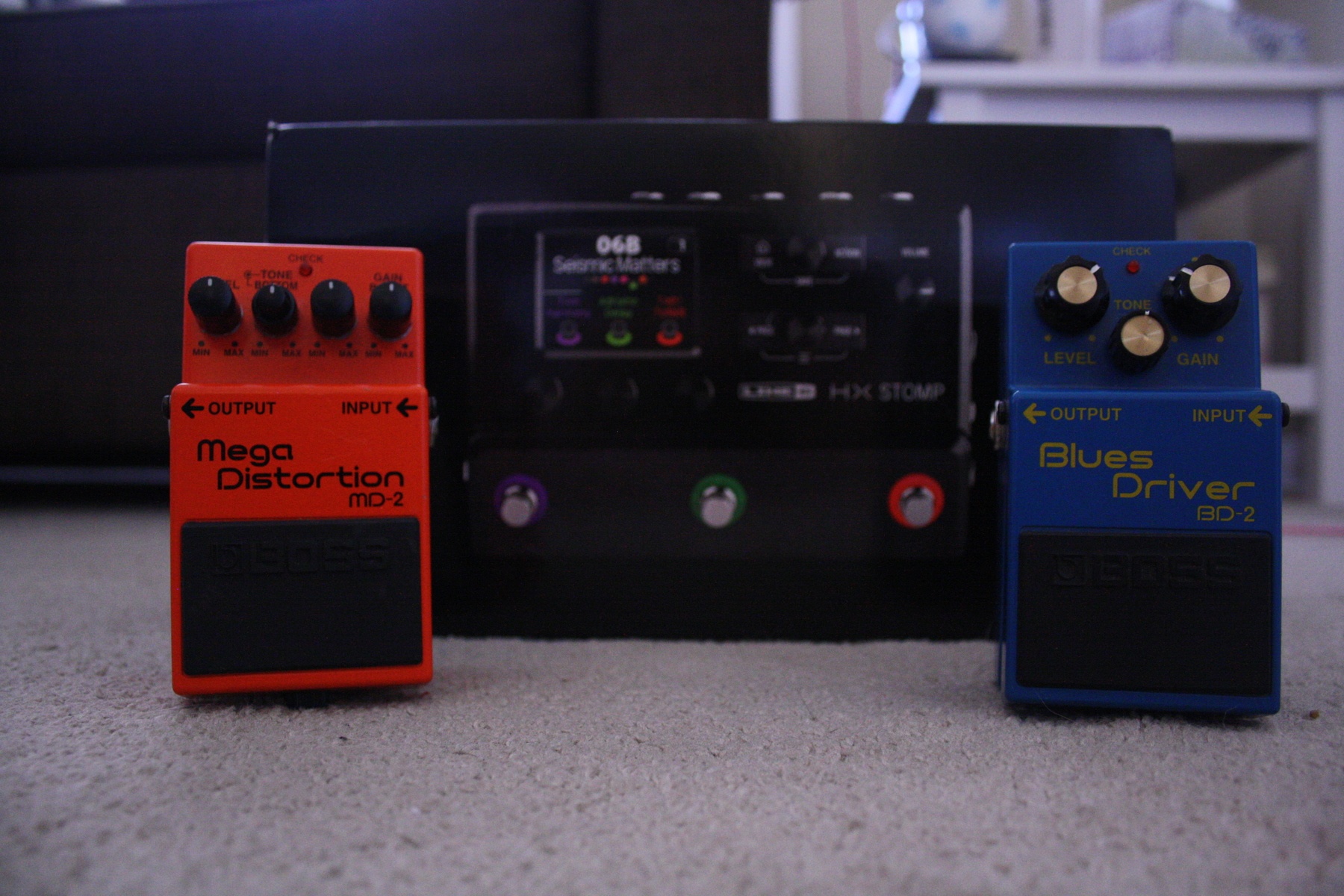 Country Music Gear Setup by skilletfan2003 featuring Boss BD-2 Blues Driver, Boss MD-2 Mega Distortion, and Line 6 HX Stomp Guitar Multi-Effects Floor Processor