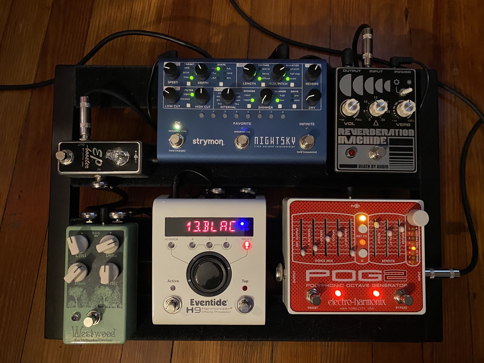 Music Gear Setup by michael_c_powell featuring Xotic Effects EP Booster, Electro-Harmonix POG2 Polyphonic Octave Generator, and Death By Audio Reverberation Machine and 3 more pieces of gear