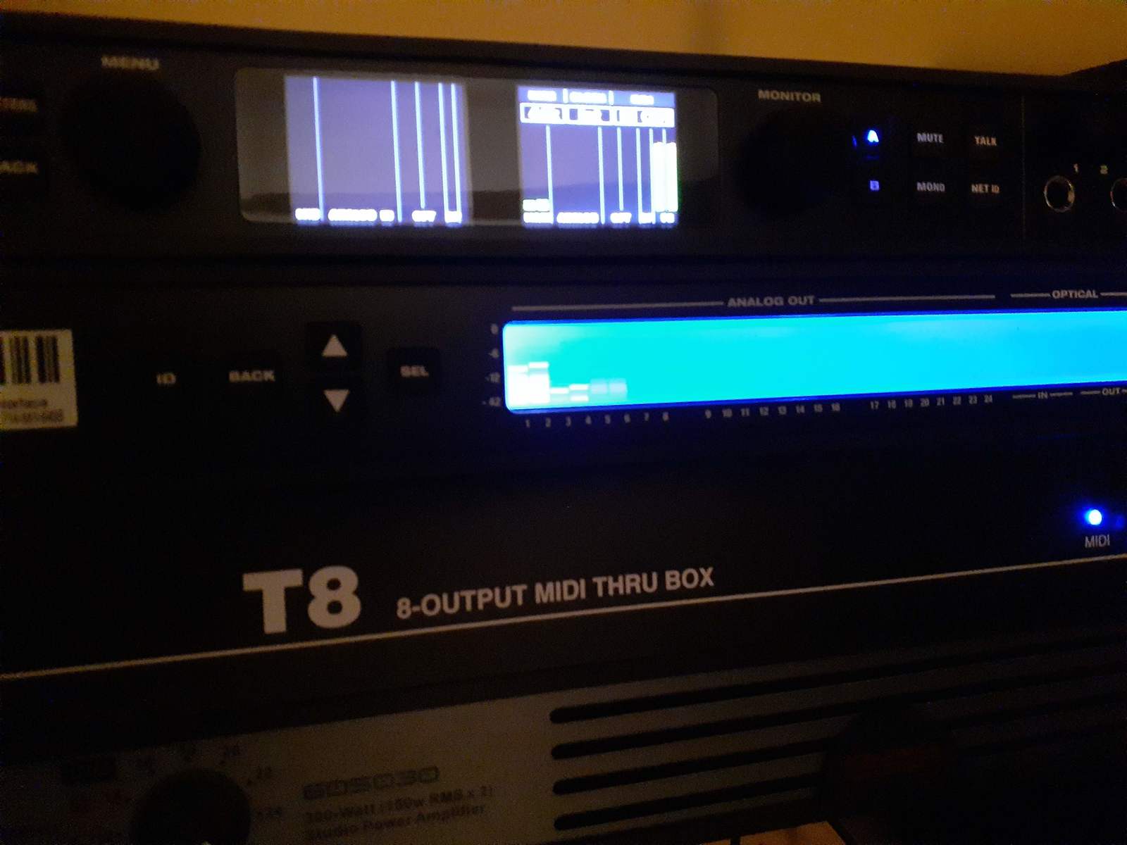 MOTU Music Gear Setup by jimmarchi1 featuring MIDI Solutions T8 8-output MIDI Thru Box, MOTU 24Ao USB/AVB Ethernet Audio Interface, and MOTU 828es