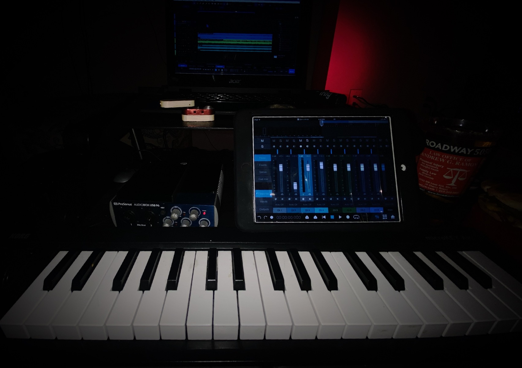 Electronic Studio Setup by johndperales featuring Shure Beta 58A, Apple iPad (General), and Alesis Sample Pad 4 Percussion and Sample-Triggering Instrument and 3 more pieces of gear