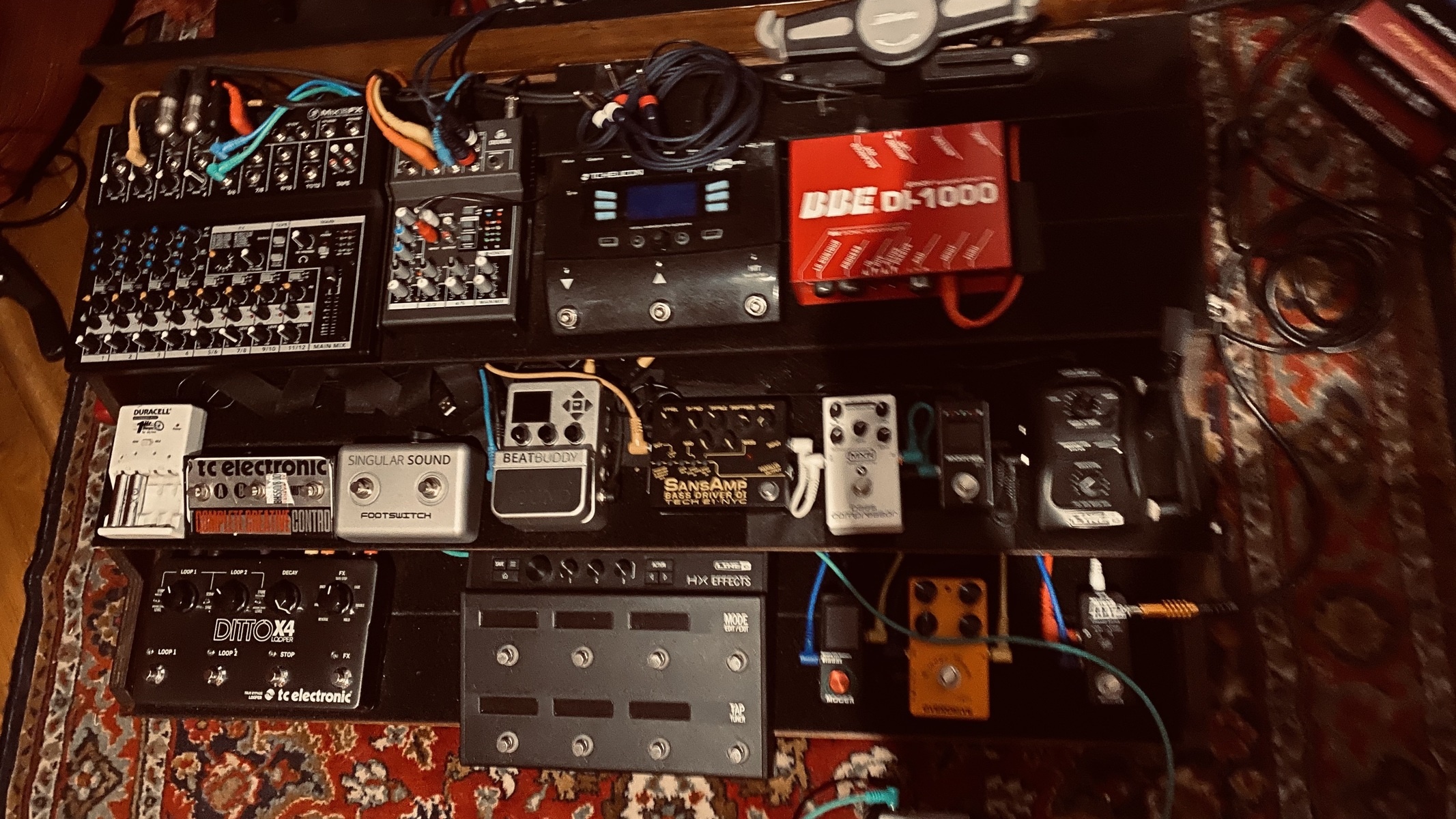 Metal Pedalboard by voooodoooo featuring Line 6 Relay G50 Wireless Guitar System, Singular Sound BeatBuddy Drum Machine Pedal, and Tech 21 SansAmp Bass Driver Direct Input and 7 more pieces of gear