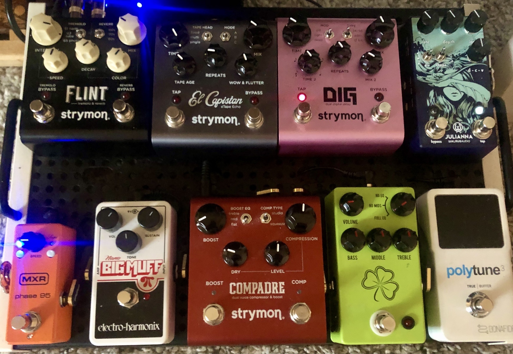 Country Pedalboard by kimber_anderson_mitchell featuring Strymon Flint, Strymon El Capistan dTape Echo, and Electro-Harmonix Nano Big Muff Pi and 6 more pieces of gear