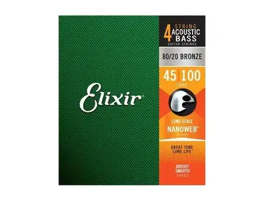 Elixir Strings 80/20 Bronze Acoustic 4-String Bass Strings w NANOWEB Coating, Long Scale, Light (.045-.100)
