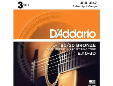 D'Addario EJ10-3D Bronze Extra Light Acoustic Guitar Strings, 10-47 (3)