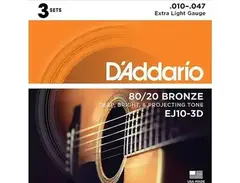 D'Addario EJ10-3D Bronze Extra Light Acoustic Guitar Strings, 10-47 (3)