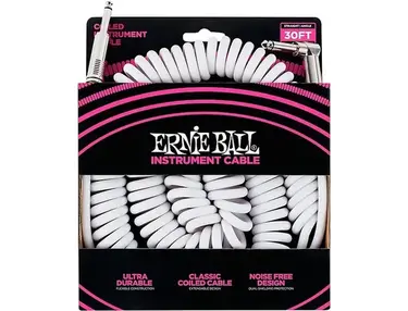 Ernie Ball Coiled Ultraflex Straight-Angle Instrument Cable - White 30 ft.