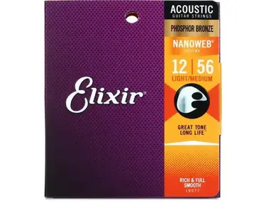 Elixir Strings 16077 Nanoweb Phosphor Bronze Acoustic Guitar Strings - .012-.056 Medium Light