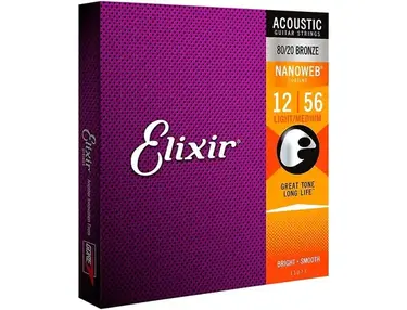 Elixir 80/20 Bronze Acoustic Guitar Strings With Nanoweb Coating, Light/Medium (.012-.056)