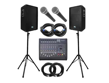 Seismic Audio Landslide8-PKG4 Complete PA Package w/ Mixer, SA15T 15" Speakers, Stands, Mics, Cables