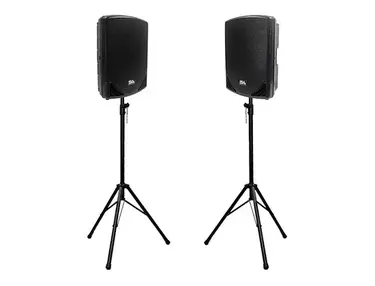 Seismic Audio MainShock-15PAIR-PKG1 Active 1x15" 2-Way 600w Powered Speakers (Pair) w/ Tripod Stands