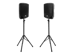 Seismic Audio MainShock-15PAIR-PKG1 Active 1x15" 2-Way 600w Powered Speakers (Pair) w/ Tripod Stands main image
