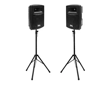 Seismic Audio PWS-10PAIRPKG1 Active 1x10" Molded 400w Powered Speakers (Pair) w/ Tripod Stands
