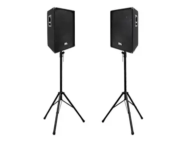 Seismic Audio SA-15T-PW-PAIR-PKG1 Powered 1x15" Titanium Horn 350w Speakers (Pair) w/ Tripod Stands