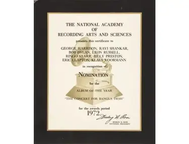 Grammy Award Nomination Letter – "The Concert of Bangladesh"