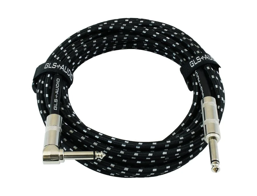 Mophead 15ft Braided 1/4" TS To 1/4" TS Guitar Cable – Right Angle – Green/Black/White