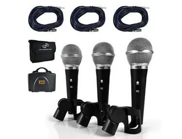 Pyle PDMICKT34 3 Piece Professional Dynamic Microphone Kit Cardioid Unidirectional Vocal Handheld MIC