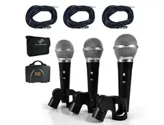Pyle PDMICKT34 3 Piece Professional Dynamic Microphone Kit Cardioid Unidirectional Vocal Handheld MIC main image