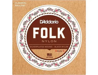 D'Addario EJ32 Folk Nylon Guitar Strings, Ball End, Silver Wound/Black Nylon Trebles