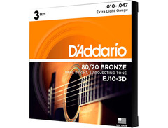 D'Addario EJ10-3D Bronze Extra Light Acoustic Guitar Strings, 10-47 (3) image 3